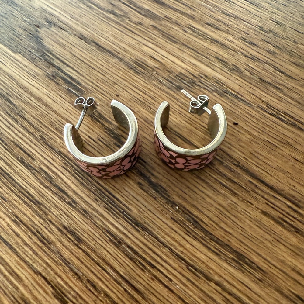 Coach Pink and Silver Patterned Hoop Earrings